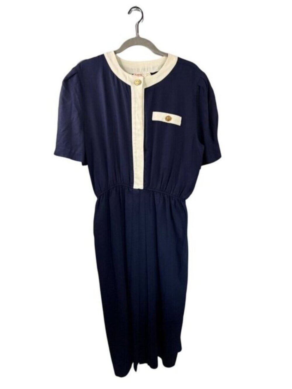 Vintage Lady Carol Navy & White Dress Gold Button Detail Short Sleeve Size 16